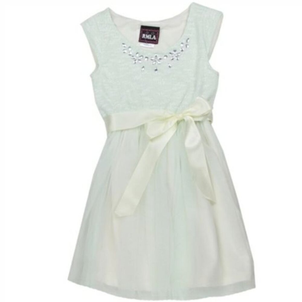 RMLA Girls Holiday Dress with sweater knit upper and jewels, mint green, size 3T